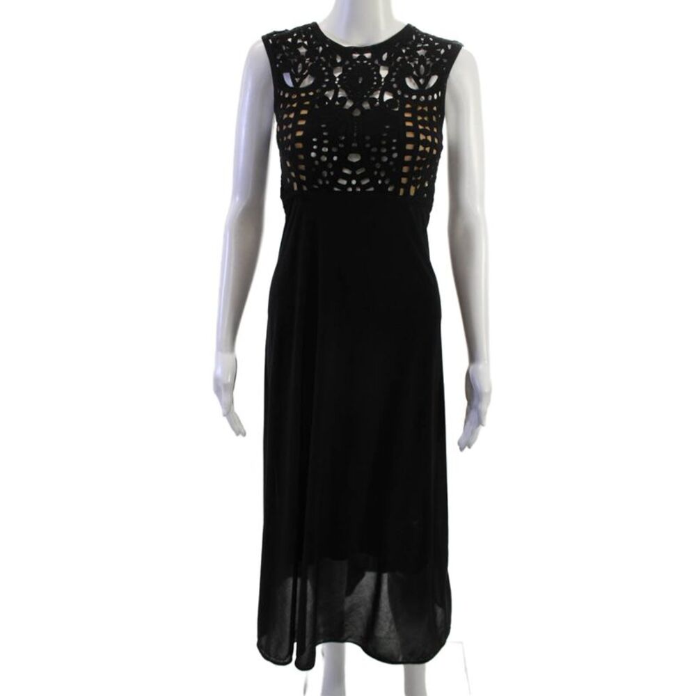 Uli Herzner Women Maxi Black Geometric Sleeveless Crew Neck Dress Size S